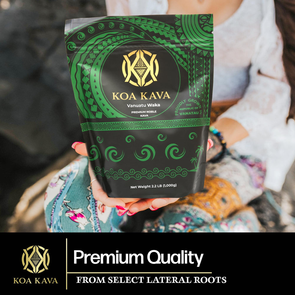 Koa Kava packaging label highlights natural, additive-free kava from Vanuatu.
