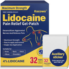 Kocowo lidocaine patch 32-count box, convenient for travel and steady pain relief on contact.