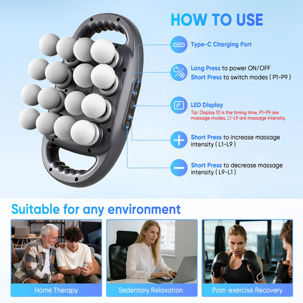Kocuno 9 modes and 9 levels illustrate customizable percussion therapy.