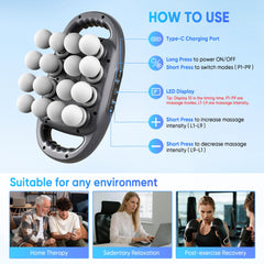 Kocuno 9 modes and 9 levels illustrate customizable percussion therapy.