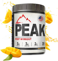 Kodiak Peak Post Workout bottle front showing tropical mango flavor for post-workout refreshment