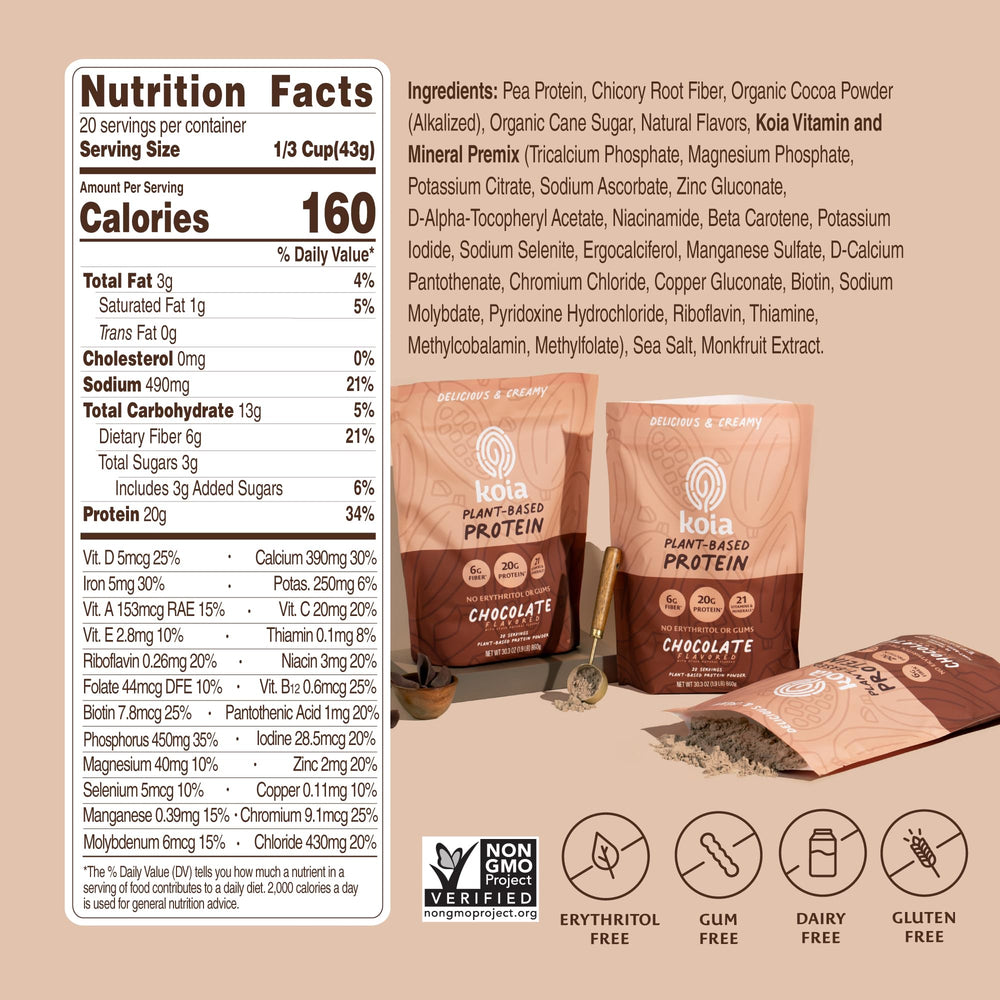 Koia chocolate protein powder label featuring ingredients and nutrition highlights.