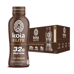 Koia Elite Chocolate bottle front view, showcasing 32g protein per serving for workouts.