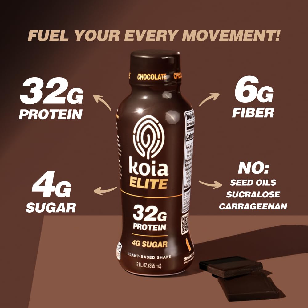 Koia Elite Chocolate label closeup, dairy-free and gluten-free claims visible.
