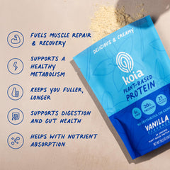 Koia vanilla protein powder in a blender for a smoothie