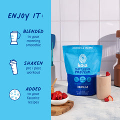 Koia vanilla protein powder being poured into a glass shake