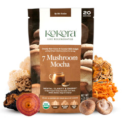 Kokora 7 Mushroom Mocha front label highlights steady energy potential.