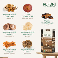 Kokora 7 Mushroom Mocha packaging emphasizes vegan, organic, no added sugar.