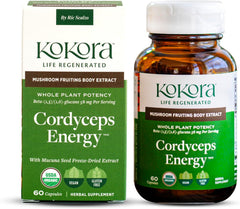 Kokora Cordyceps Energy bottle showing the vegan adaptogenic formula for daily vitality.