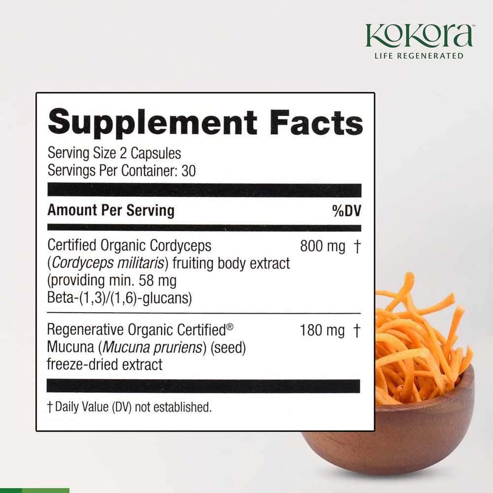 Kokora Cordyceps Energy with Mucuna seed extract featured in product visuals.