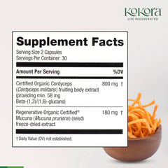 Kokora Cordyceps Energy with Mucuna seed extract featured in product visuals.
