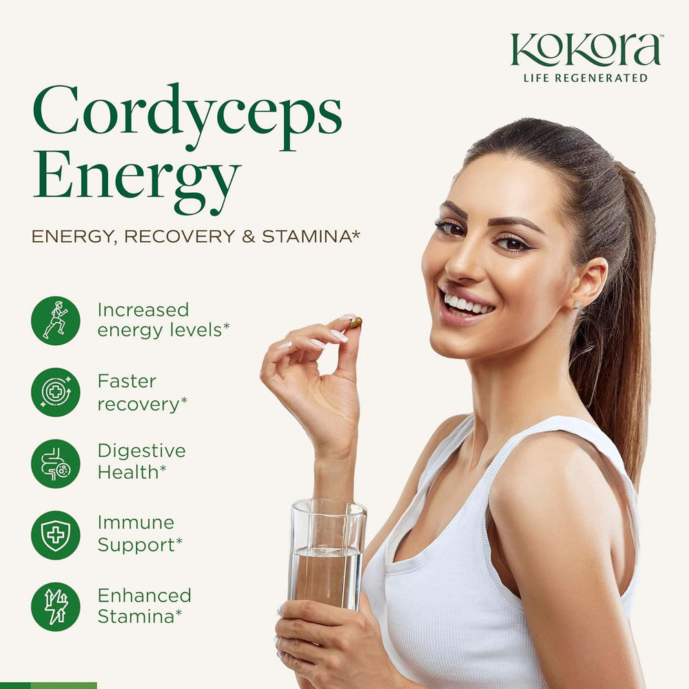 Kokora Cordyceps Energy packaging emphasizing sustainability and sourcing.