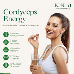 Kokora Cordyceps Energy packaging emphasizing sustainability and sourcing.