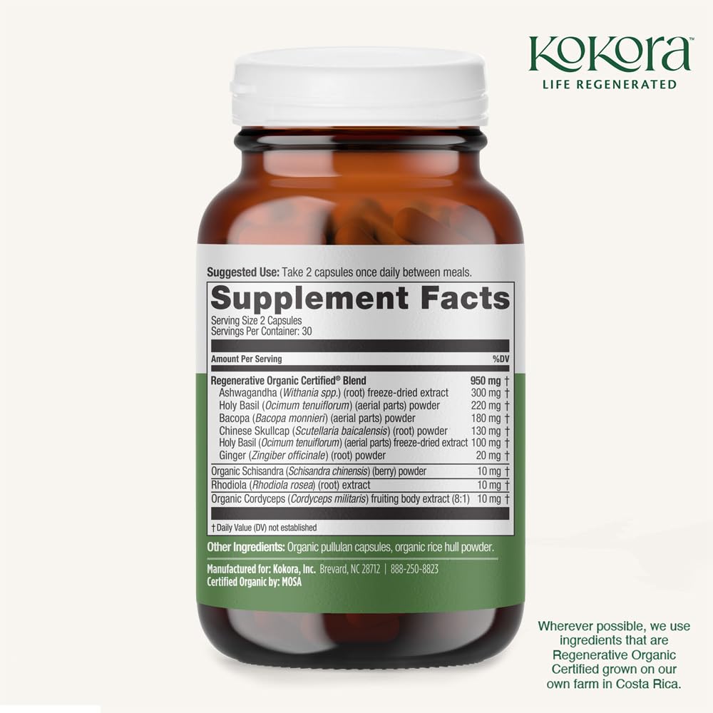 Kokora Regenerative Adrenal Support ingredient close-up ashwagandha and rhodiola