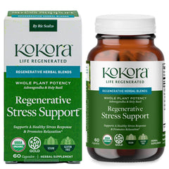 kokora Regenerative Stress bottle shows the calming herbal blend on display