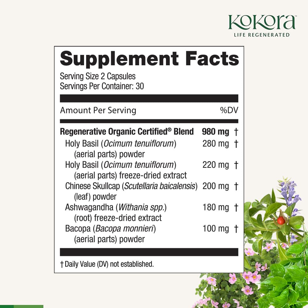 Close-up of kokora Regenerative Stress capsules reveals vegan, non-GMO formula for daily mood support