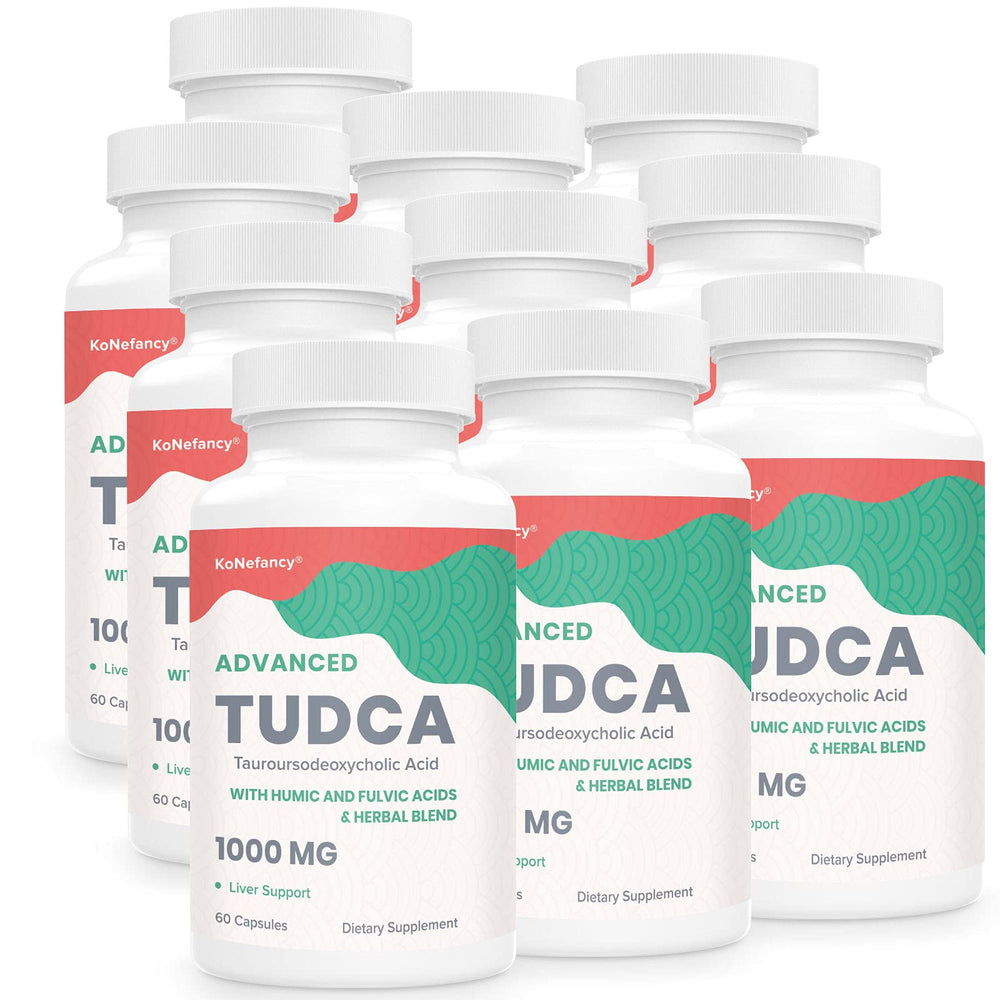 KoNefancy TUDCA liver supplement bottle shown, highlighting a 60-capsule supply for daily liver support