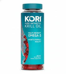 Kori Krill Antarctic Krill Oil bottle illustrating sustainable omega-3 support for heart and brain