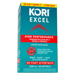 Kori Krill Excel bottle and capsules; convenient daily softgels for ongoing wellness.