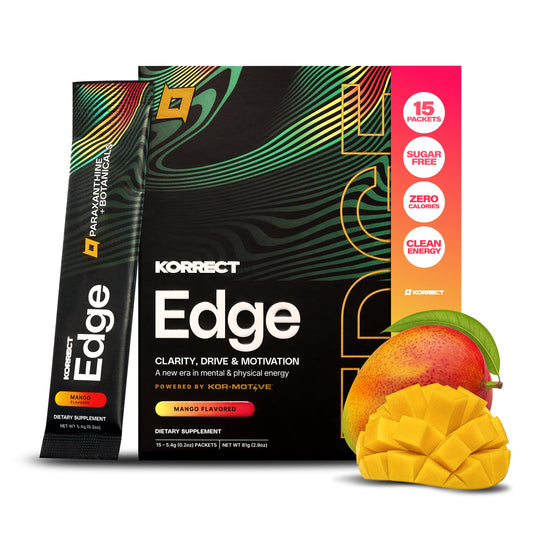 KORRECT LIFE Mental Performance Edge mango packets for sharper focus during study sessions.