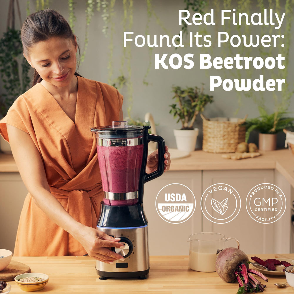 KOS Beet Root Powder blends smoothly into shakes for a natural pink boost.