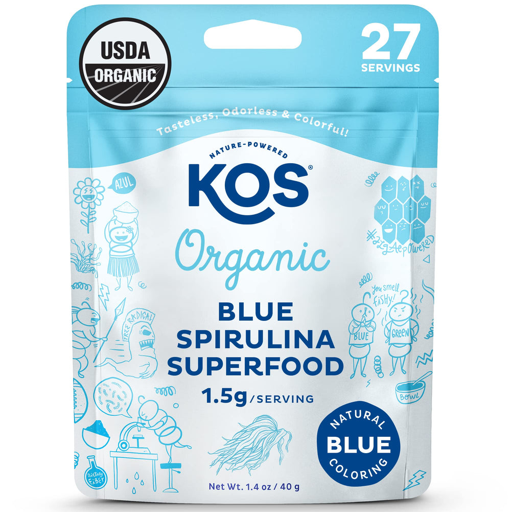 KOS Blue Spirulina powder bottle ready for smoothies and bowls.