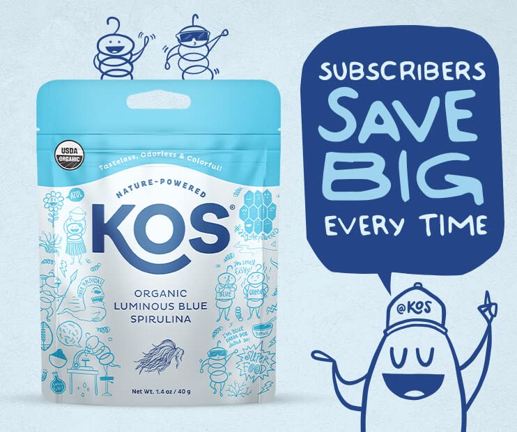 Pouring KOS Blue Spirulina powder into a glass for a vibrant blue drink.