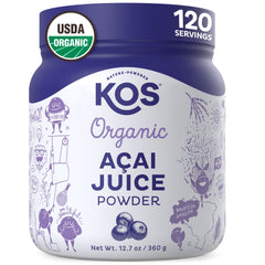 KOS Organic Acai Juice Powder packaging front highlighting organic certification and clean label