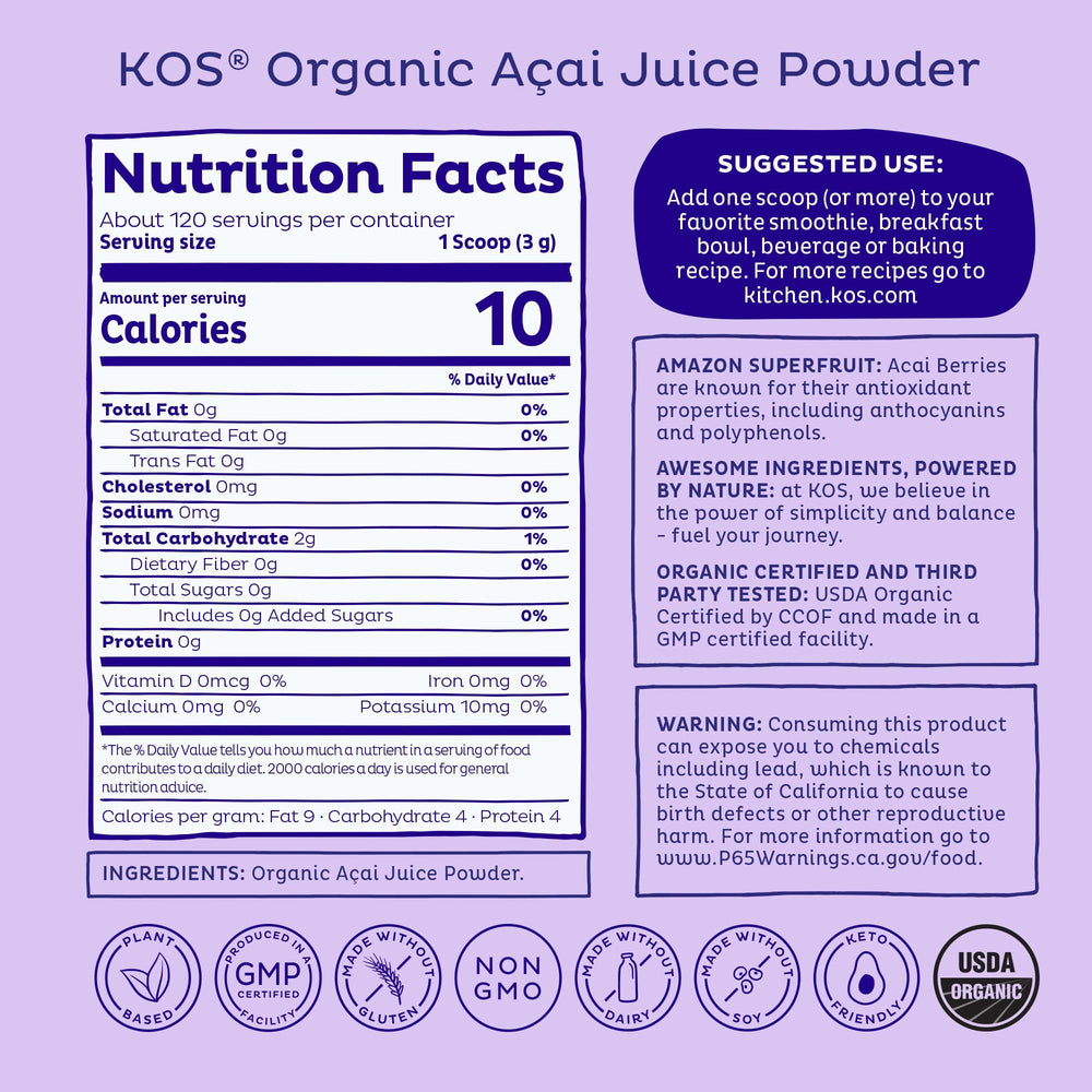 KOS Organic Acai Juice Powder scoop dispensing for easy daily use