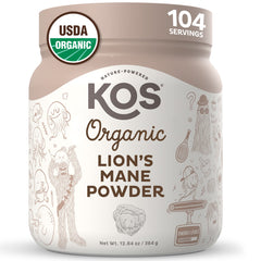 KOS Organic Lion's Mane Powder container closeup with focus on a vegan nootropic option