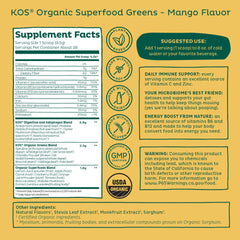 KOS Mango greens dissolving in water delivers prebiotic fiber with refreshing taste