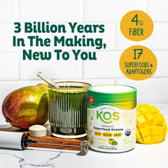 KOS Organic Greens ingredients chart on label highlights 17 superfoods