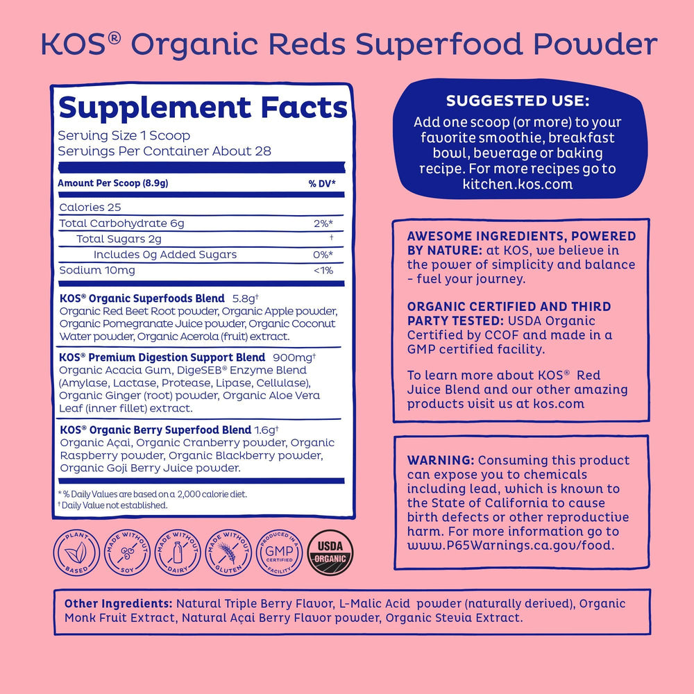 KOS Reds jar with serving scoop, convenient daily fruit and veggie mix
