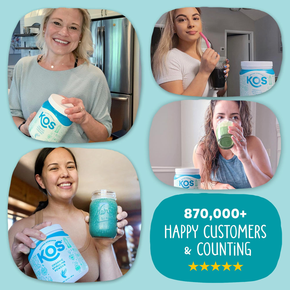 KOS spirulina powder stirred into juice for a vibrant boost