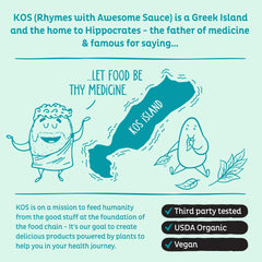 KOS spirulina powder packaging showcasing non-irradiated blue green algae