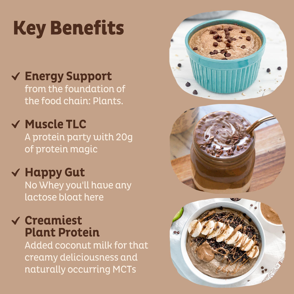KOS Vegan Protein Powder chocolate shake glass highlights delicious flavor for meals.