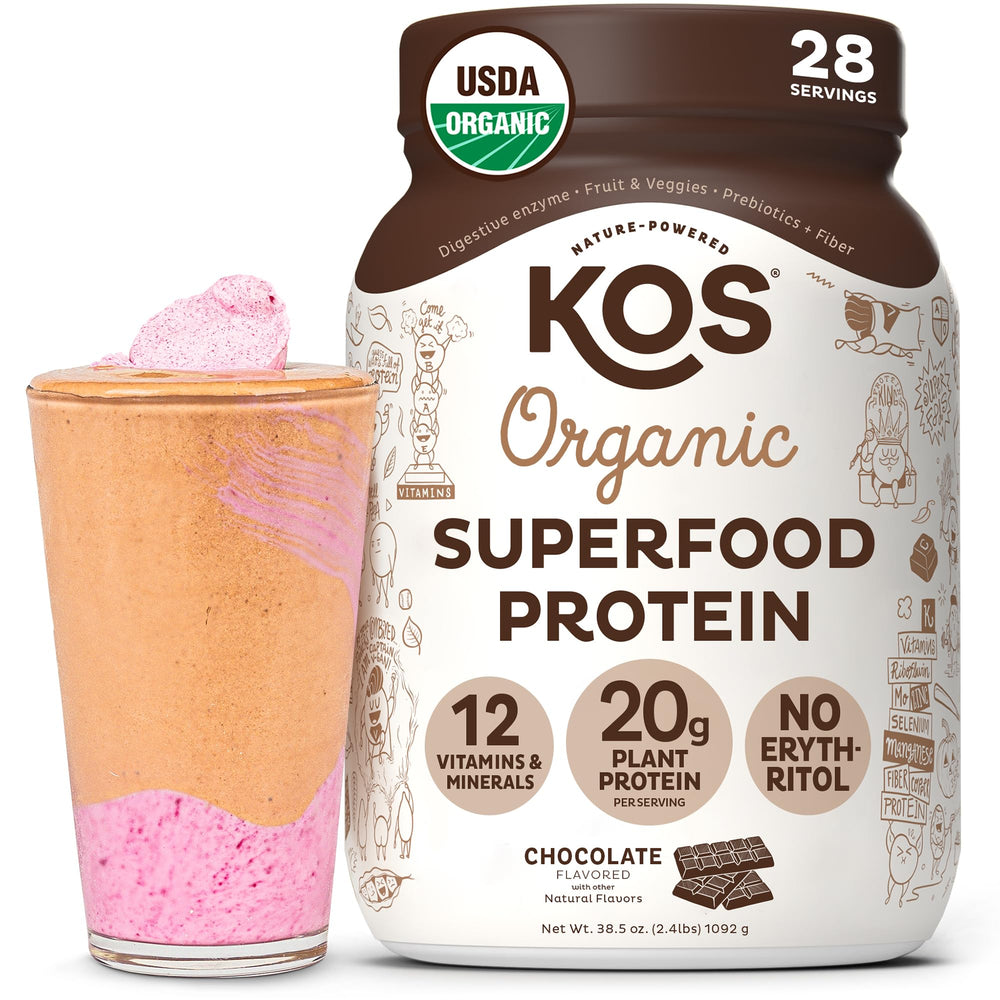 KOS Vegan Protein Powder chocolate tub front shows organic branding for a protein-rich shake.