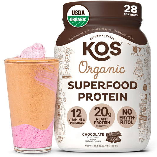 KOS Vegan Protein Powder chocolate tub front shows organic branding for a protein-rich shake.