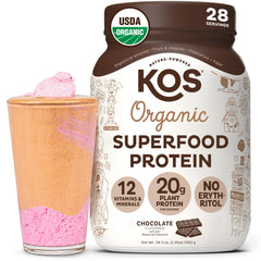 KOS Vegan Protein Powder chocolate tub front shows organic branding for a protein-rich shake.