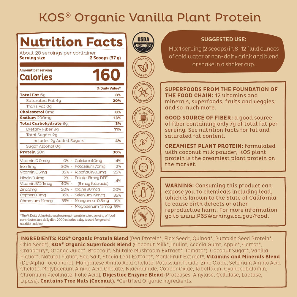 KOS protein powder kitchen scene emphasizes dairy-free, soy-free lifestyle.