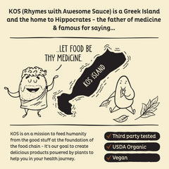 KOS packaging highlights vitamins and minerals in a plant-based blend.
