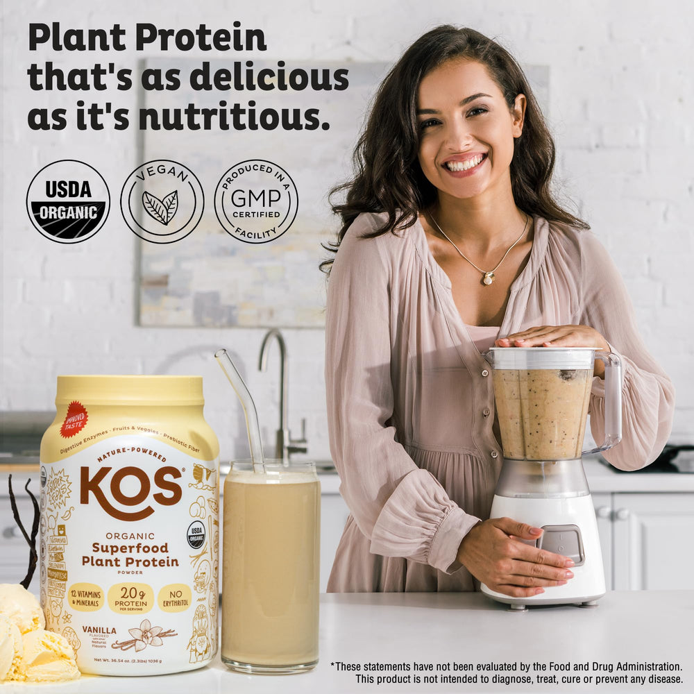 KOS vegan protein powder vanilla scoop shows 20g per serving.