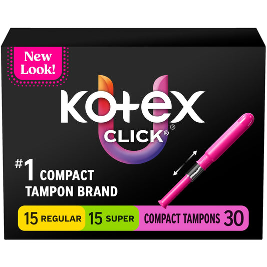 Kotex U Click compact tampon in packaging for easy portability.