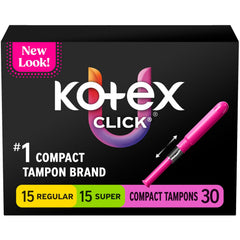 Kotex U Click compact tampon in packaging for easy portability.