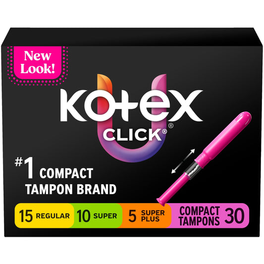 Kotex U Click compact tampons packaging for travel and storage.