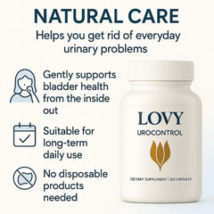 Lifestyle shot shows a person taking a Lovy Urocontrol capsule after breakfast.