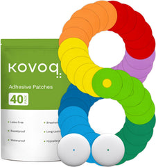 KOVOQ 40-pack waterproof CGM patches displayed for durable wear.