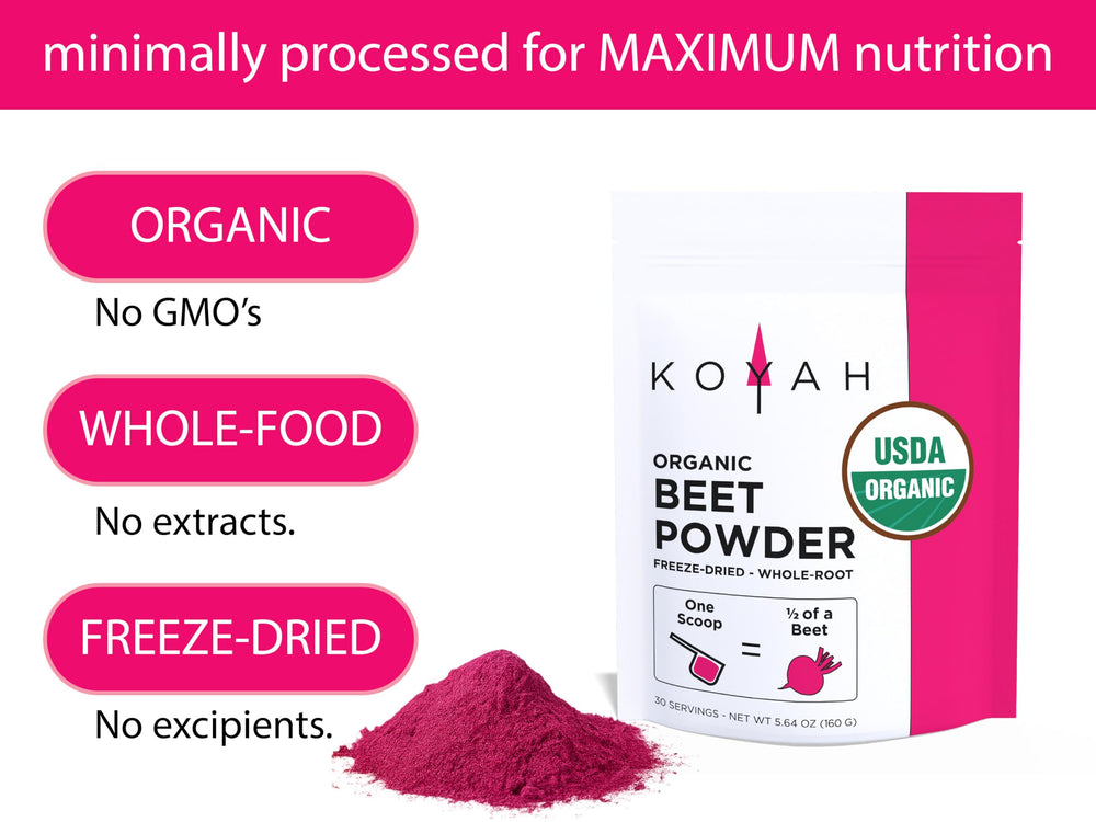 KOYAH freeze-dried beetroot powder preserves nutrients for quick addition.