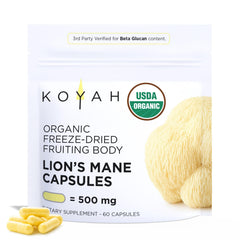 KOYAH Lions Mane capsules bottle with label for easy daily brain and immune support