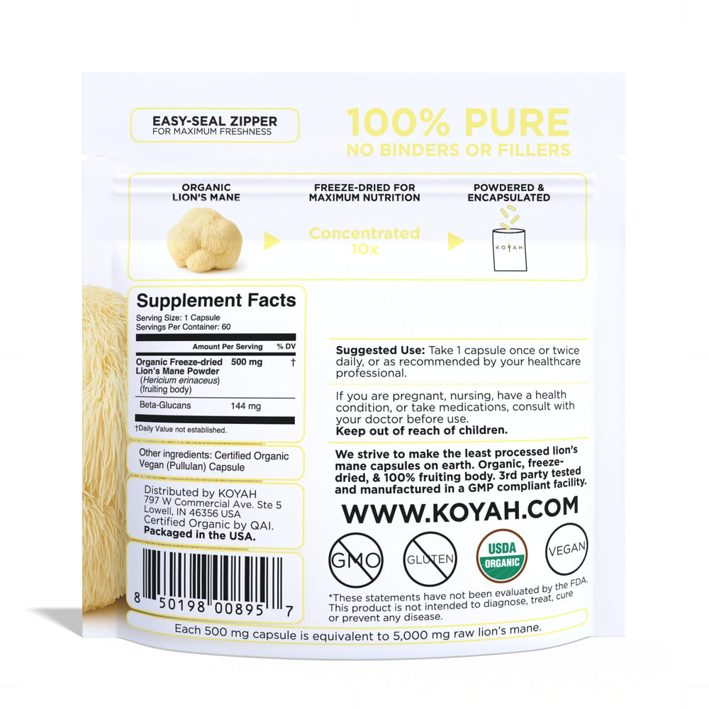 KOYAH Lions Mane capsules close-up showing smooth capsules for daily use